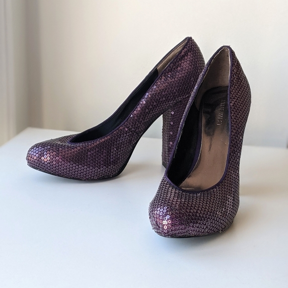 purple sequin closed toe chunky heel pump, 8 - Picture 5 of 12